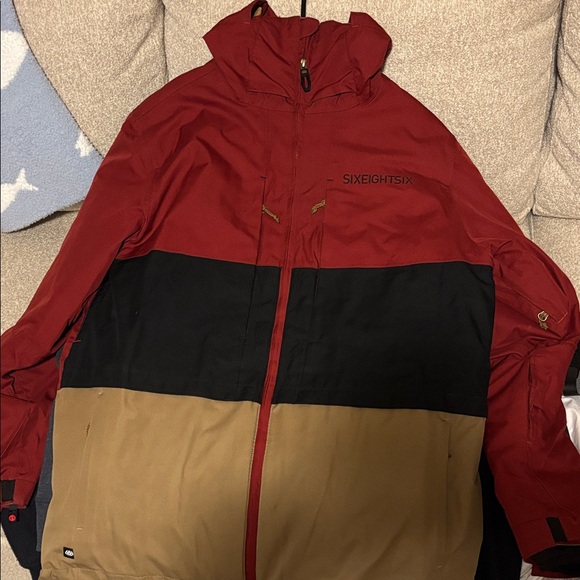 686 Men's Red, Black, and Tan Ski Jacket - Picture 1 of 2